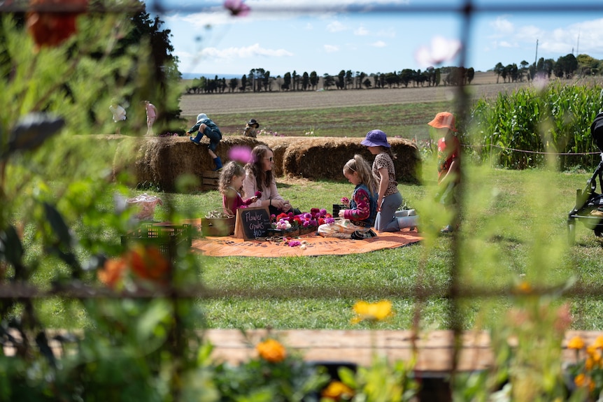 Four children sit on a rug in a grassy field, with flowers in the foreground.