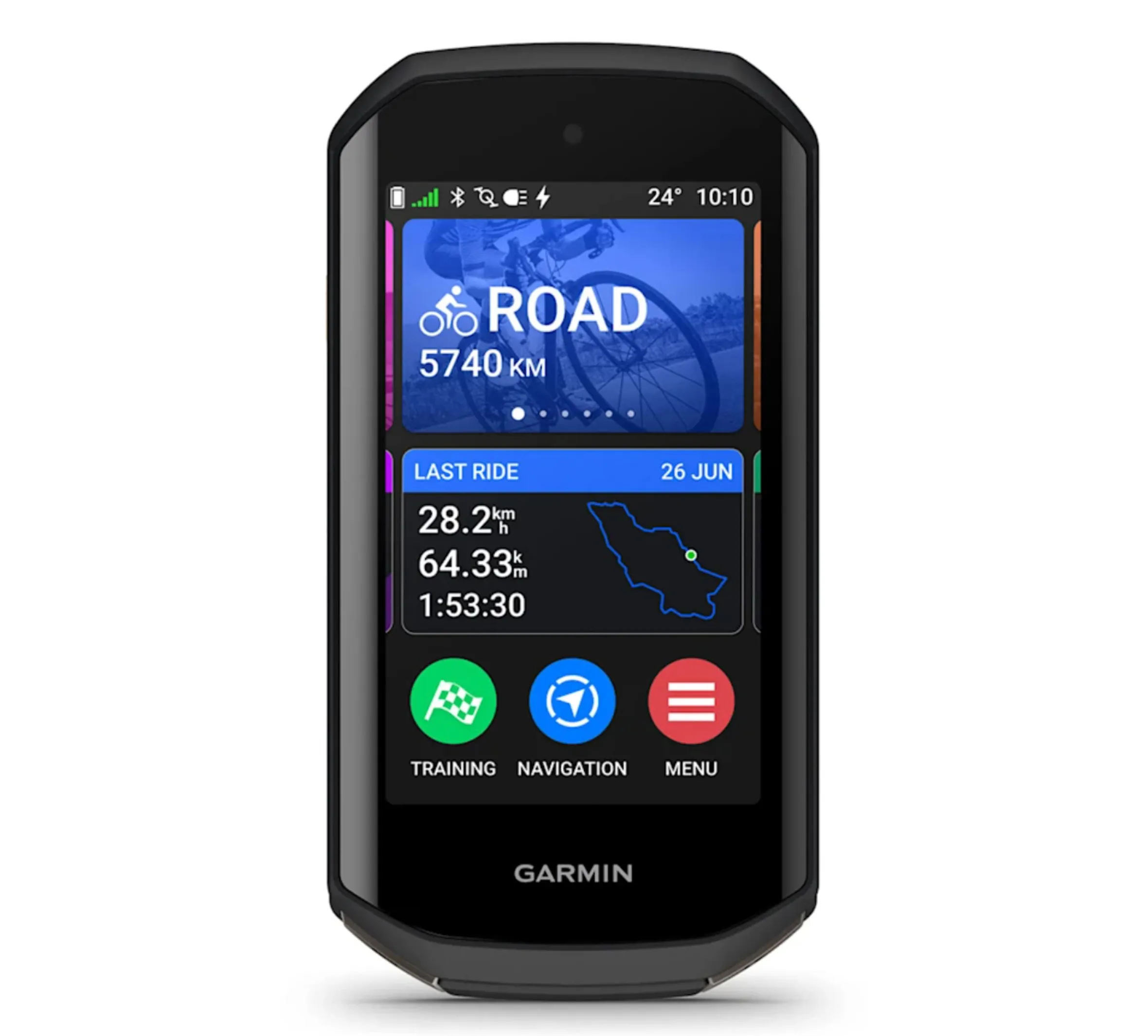 Garmin Edge 1050 GPS bike computer displaying ride data and navigation options.