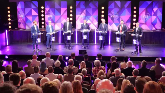 The leaders on stage in Paisley Town Hall