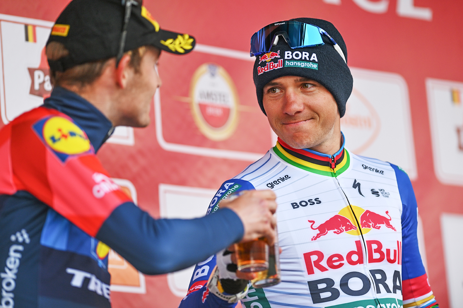 Remco Evenepoel on the top step of the podium of the 2026 Amstel Gold Race