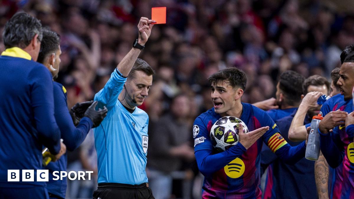 Referee Clement Turpin sends off Eric Garcia during Barcelona's Champions League second leg against Atletico Madrid in 2026 while his team-mate Pedri protests