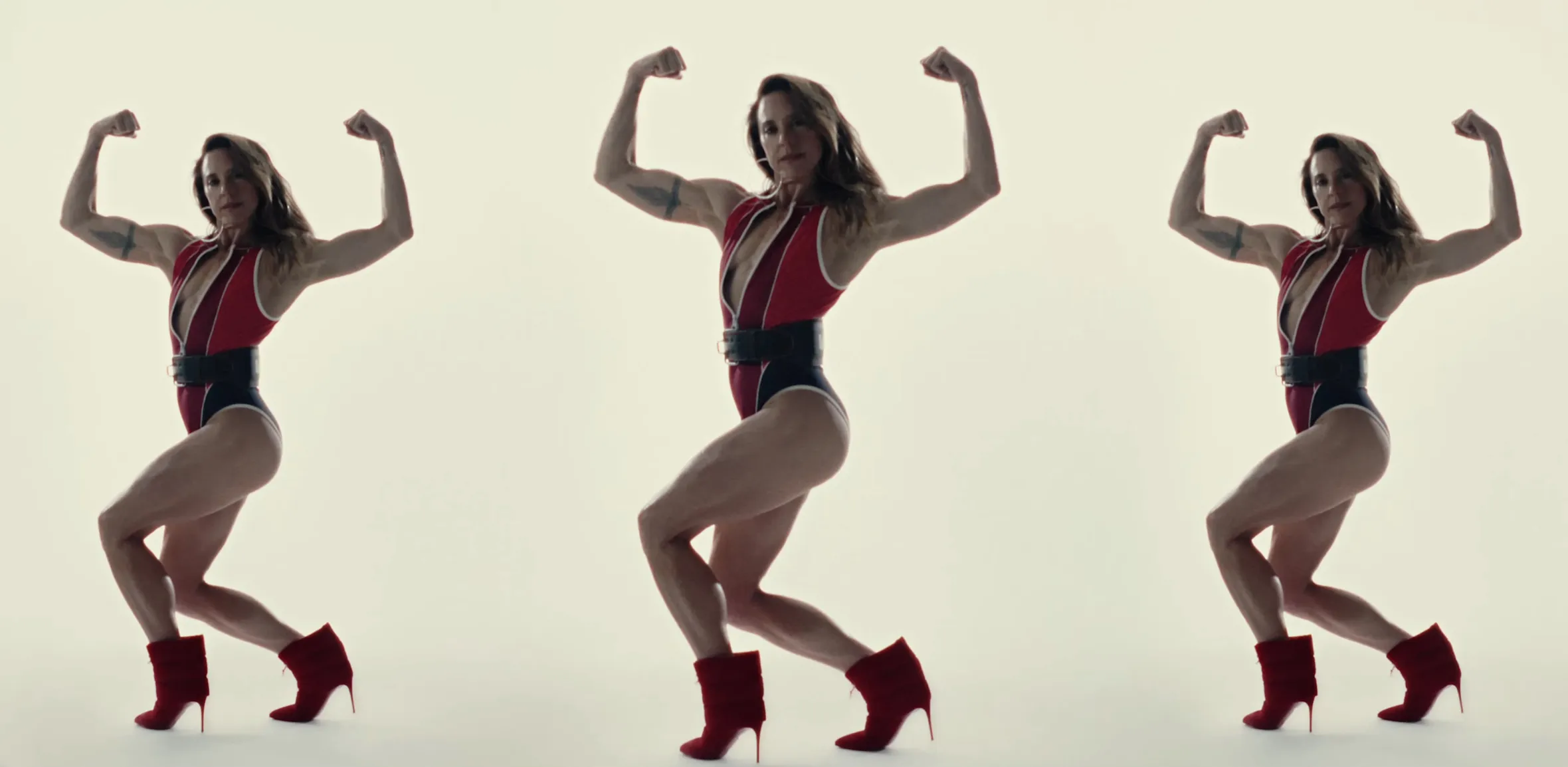 Collage of Mel C posing with flexed biceps and red stiletto boots.