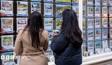 Two women with long dark hair look in an estate agent's window
