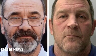 Split screen headshots of Andrew Malkinson, who has a beard and wears glasses, on the left and Paul Quinn on the right