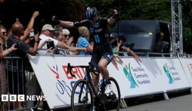Pfeiffer Georgi winning the women's road race for the 2023 British National Road Championships at Saltburn in Redcar and Cleveland
