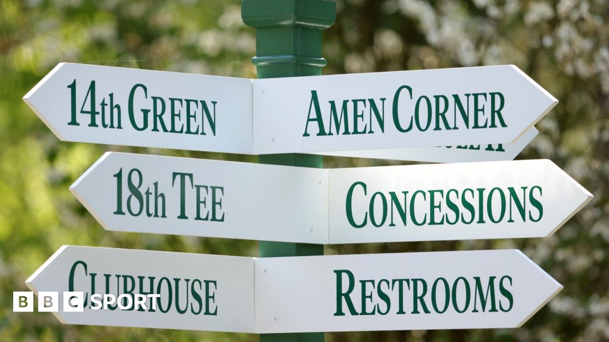 A sign at Augusta National Golf Club showing directions to Amen Corner, the 18th tee, concessions, the clubhouse and restrooms