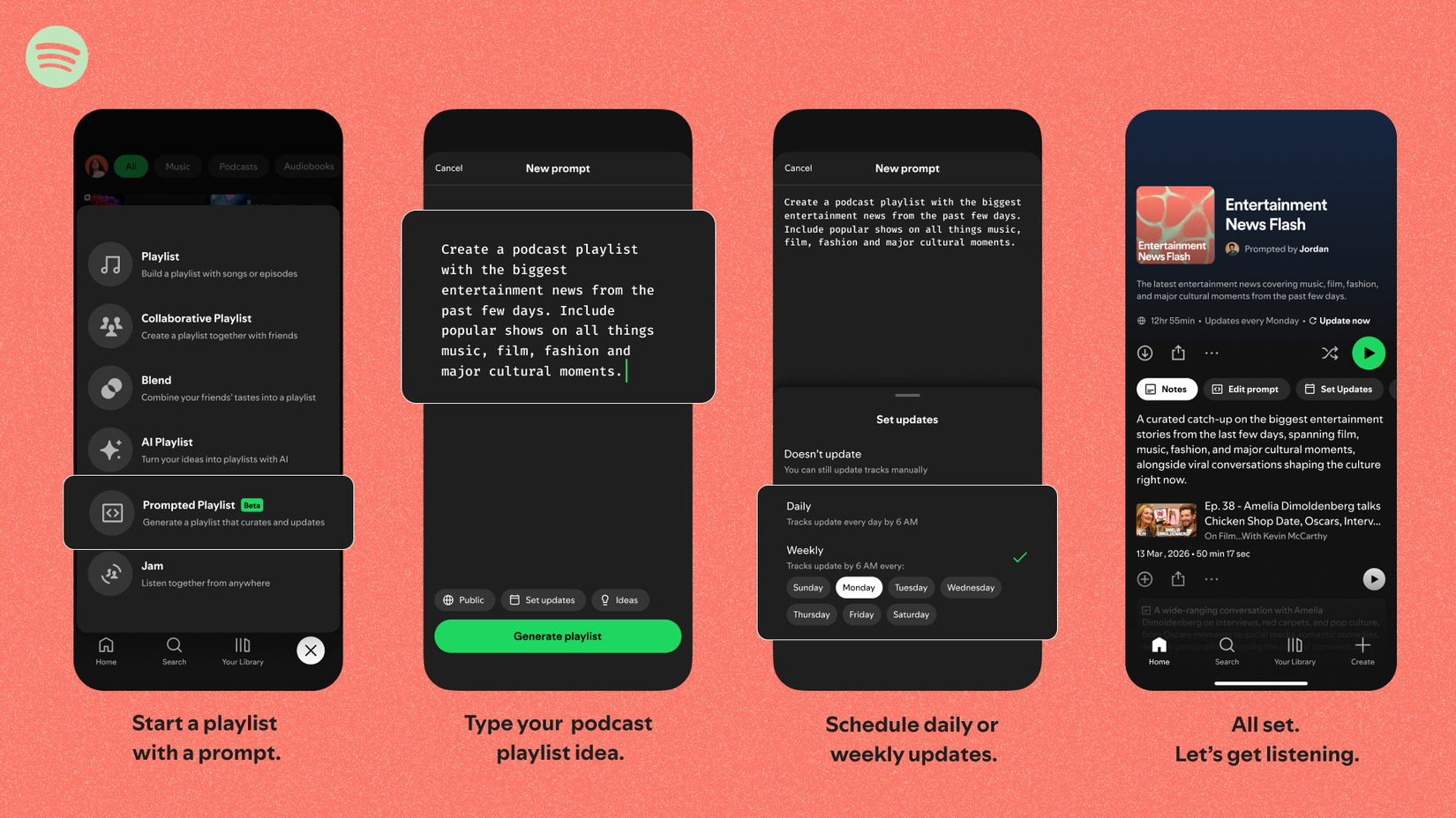 Spotify's Prompted Playlist creating an entertainment podcast playlist.