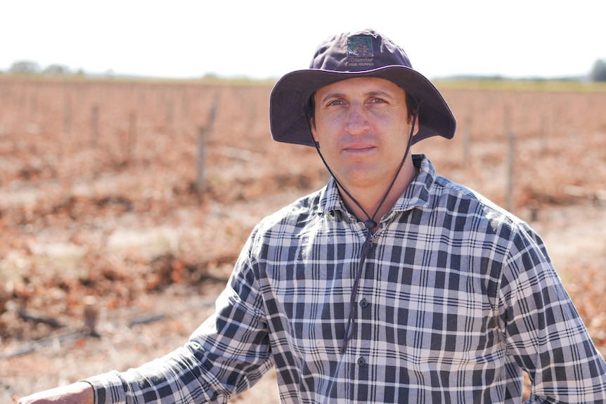A man in floppy hat and checked short stares unsmiling at the camera