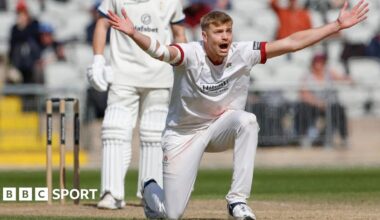 Fast bowler Mitch Stanley appeals for a wicket in action for Lancashire.