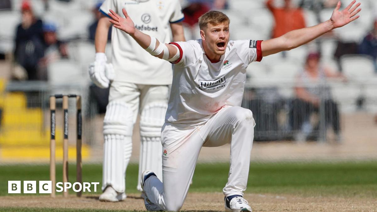 Fast bowler Mitch Stanley appeals for a wicket in action for Lancashire.