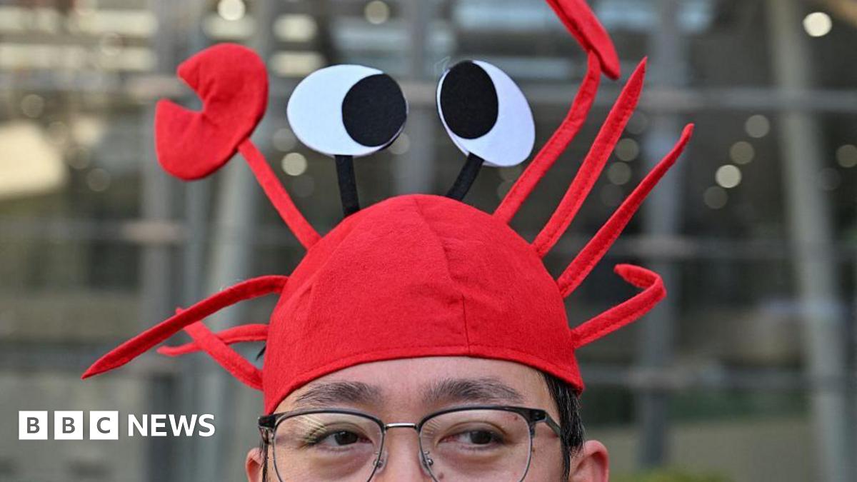 A man wears a lobster hat that represent the OpenClaw logo, an open-source AI assistant at the Baidu headquarter in Beijing on March 11, 2026