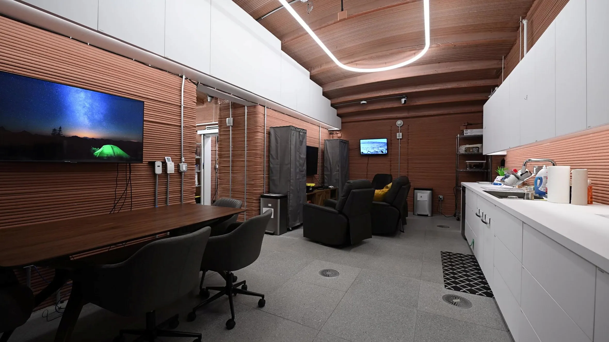 A view of the CHAPEA 3D-printed habitat based at NASA's Johnson Space Center in Houston.