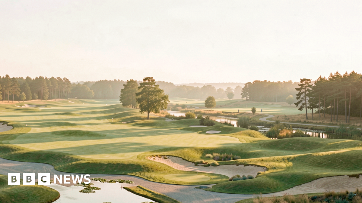 The mock up shows a golf course, with greens, bunkers and water hazards on a sunny day.