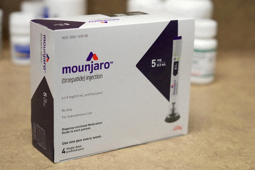 A box of Mounjaro, a drug used for treating type 2 diabetes, sitting on a counter