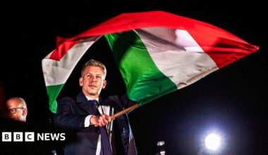 A man in the dark waves a red white and green flag