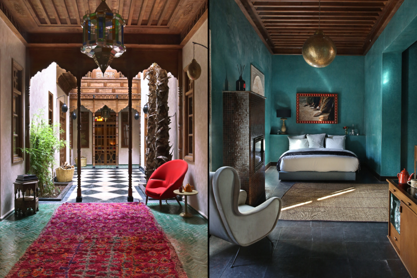 Collage of a Moroccan courtyard with a red armchair and a teal bedroom with a large bed.