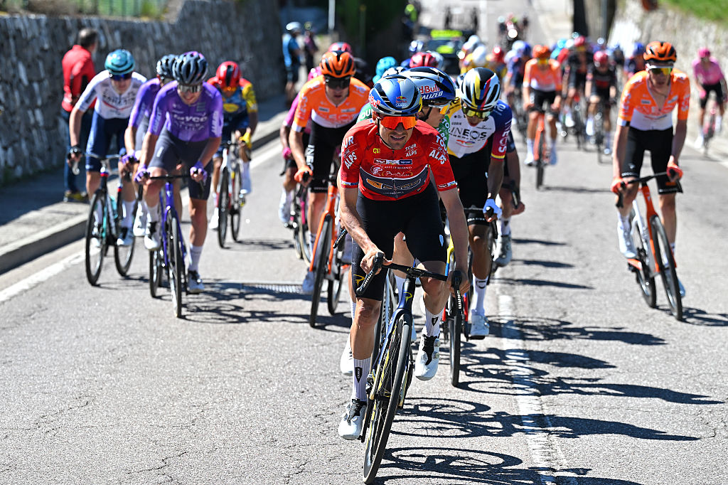 TRENTO, ITALY - APRIL 23: Thomas Pidcock of Great Britain and Team Pinarello Q36.5 Pro Cycling - Red Points Jersey lead during the 48th Tour of the Alps 2026, Stage 4 a 167.8km stage from Arco to Trento on April 23, 2026 in Trento, Italy. (Photo by Tim de Waele/Getty Images)
