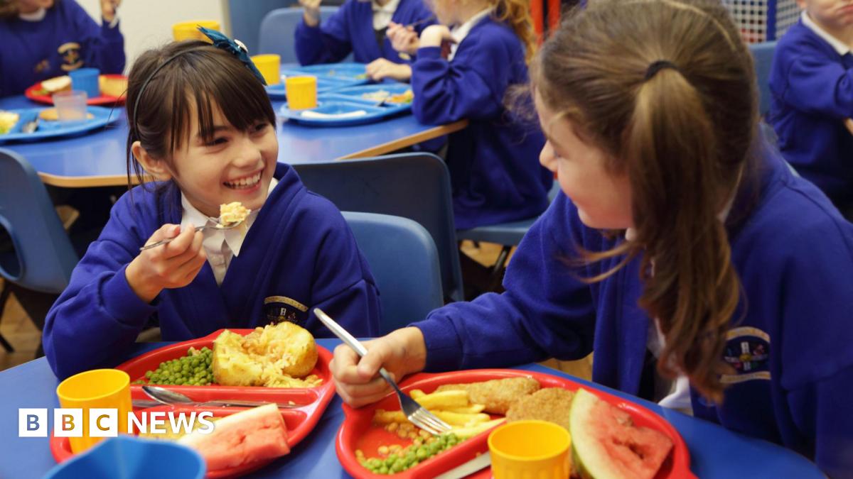 Two school girls are sitting eating their school dinners. One has jacket potato and peas with fruit, and the other has fish and chips with peas and fruit. They are wearing a navy blue school uniform and smiling at each other