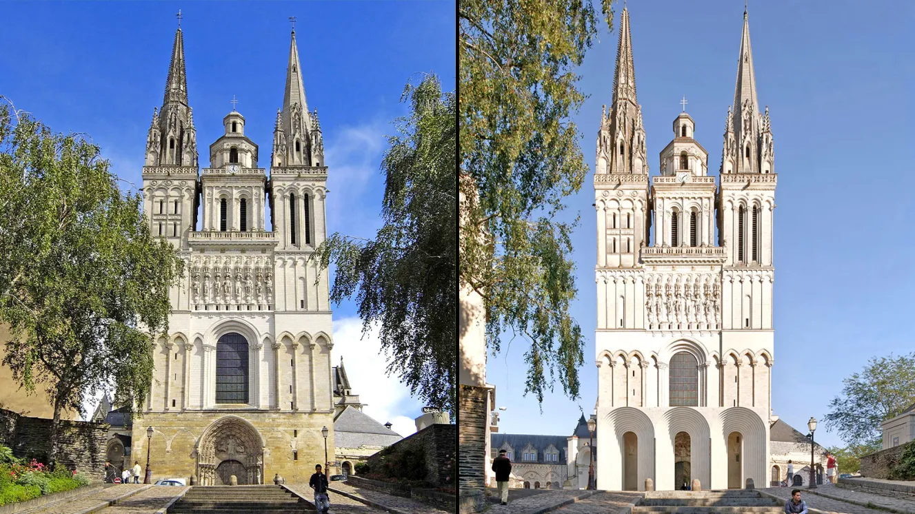 Collage of two images of Angers Cathedral in France.