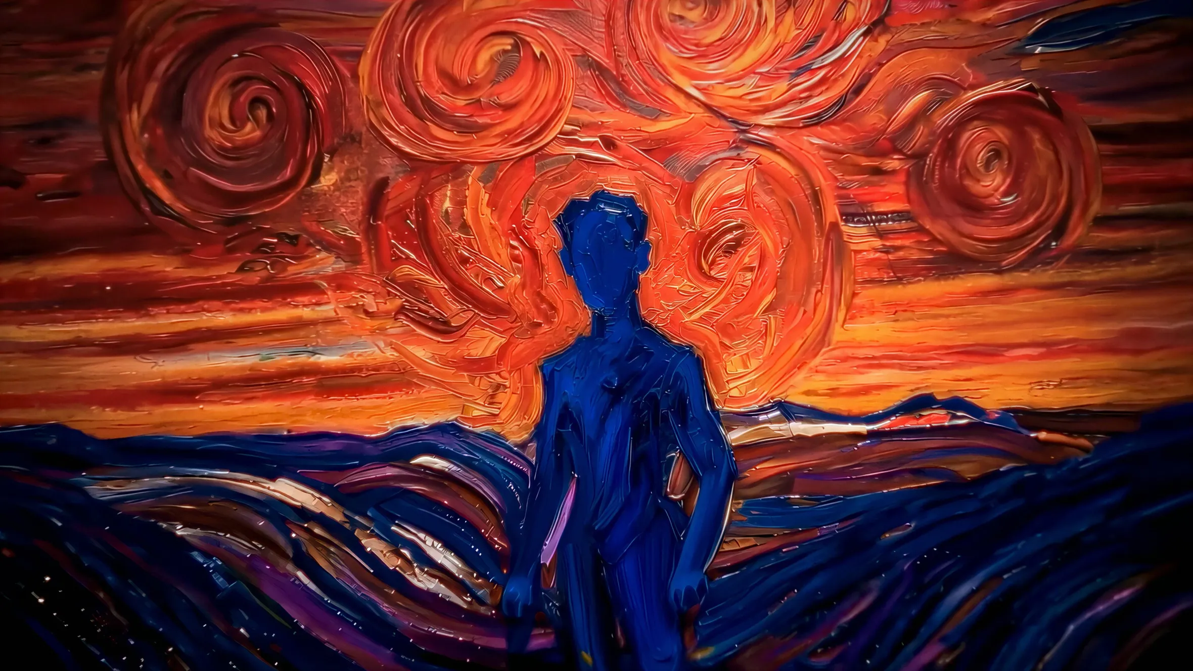 Illustration resembling Edvard Munch's The Scream with a person in blue standing before an orange, swirling sky and dark blue water.