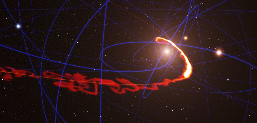 When the cloudy object G2 passed around Sagittarius A* in 2014, astronomers predicted it would look like this: flare lighting up the core of the galaxy. That didn't happen. New simulations explain what influences what happens when a star gets close to a supermassive black hole. Courtesy: ESO/S.Gillessen/MPE/Marc Schartmann.