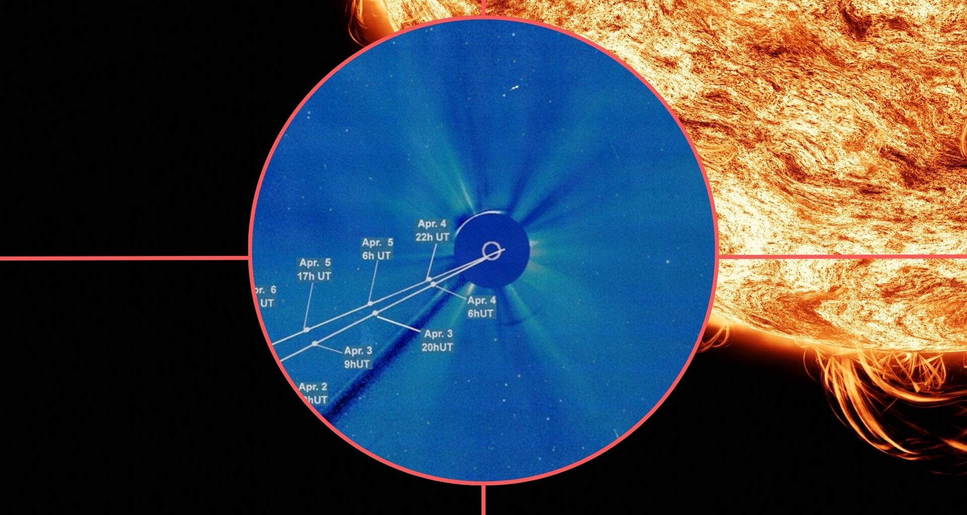 image showing comet maps in the crosshairs and the sun behind.