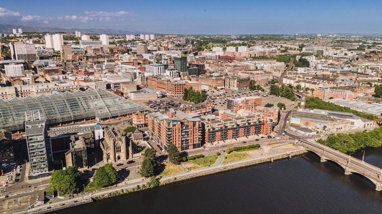 Glasgow, Scotland's buildings, streets, and the River Clyde.