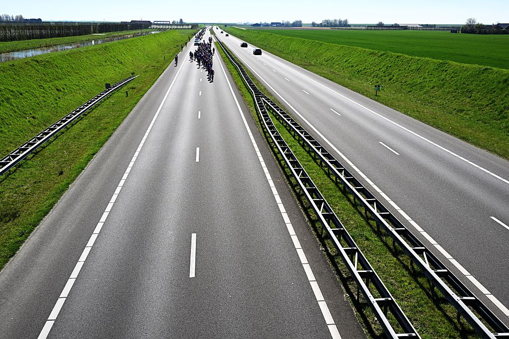 The pack of riders pictured in action during the men's race of the 'Scheldeprijs' one day cycling event