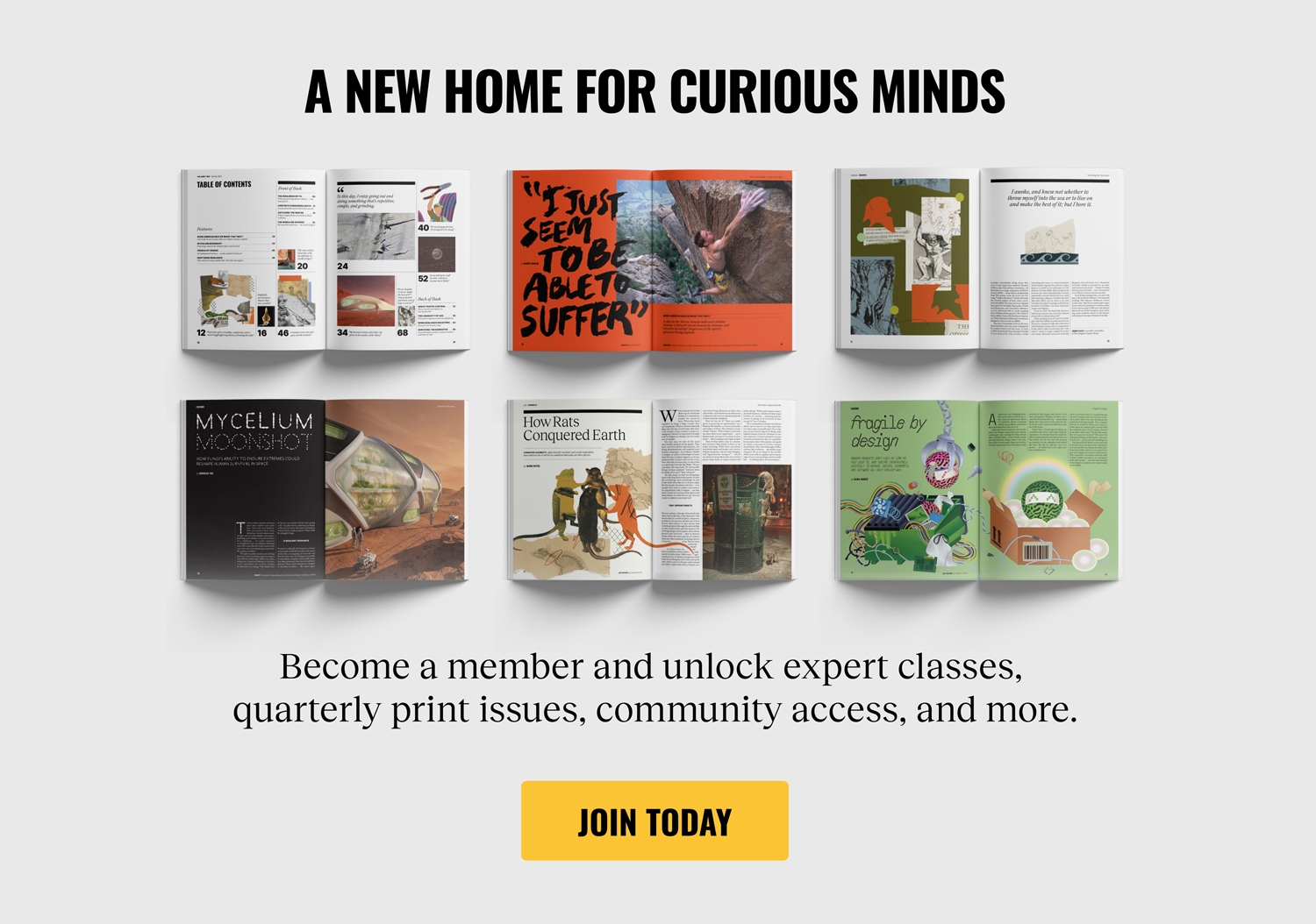 Eight open and closed magazine spreads displayed in two rows, promoting membership benefits such as expert classes, print issues, and community access. A yellow