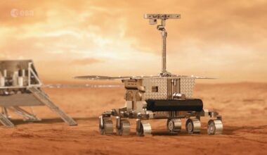 An illustration of a small six-wheeled rover on the reddish surface of Mars