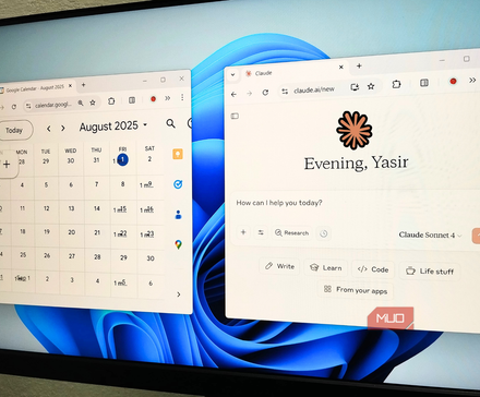 Google Calendar and Claude Windows open on a ThinkVision monitor