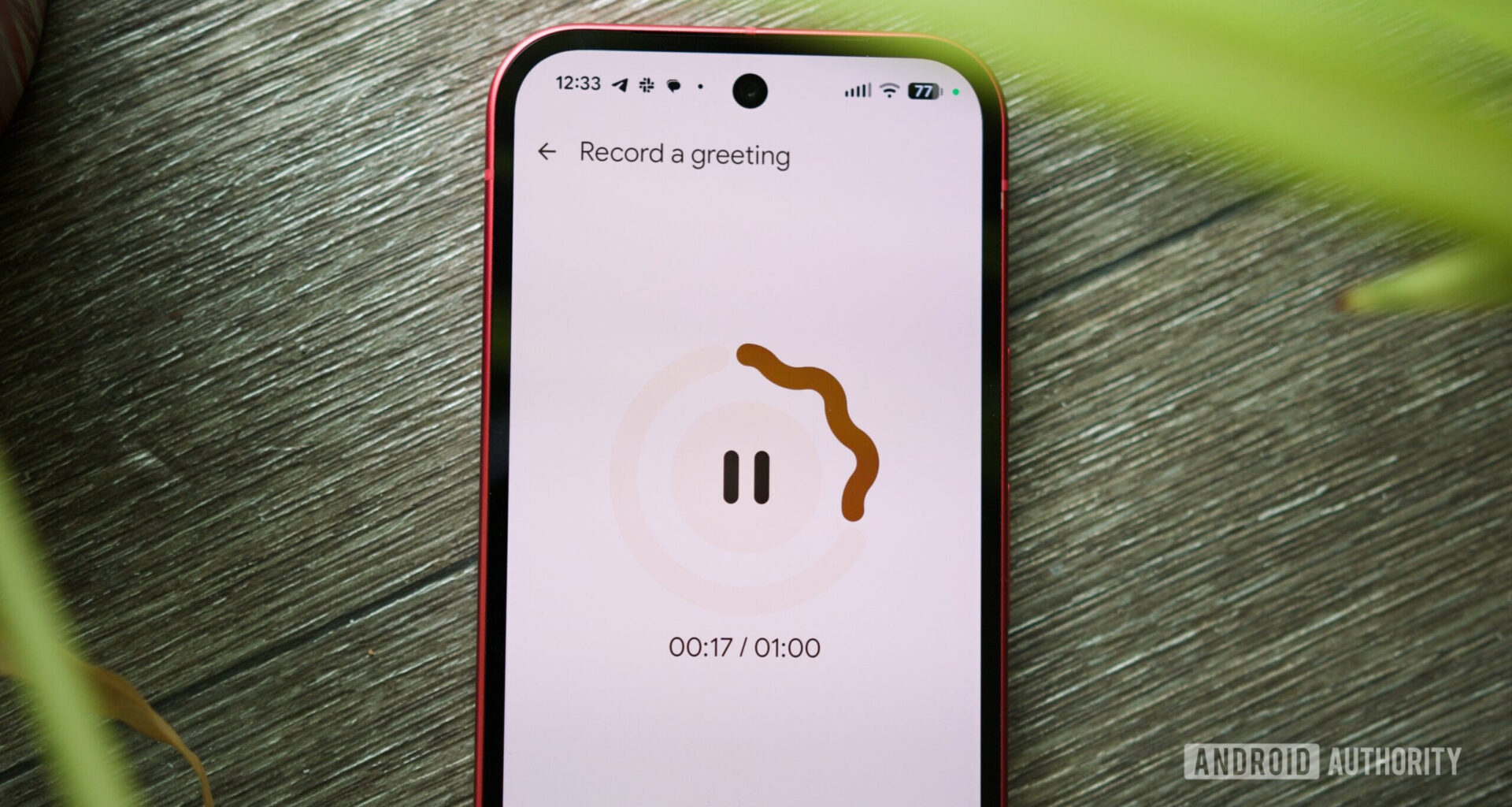 Recording a custom greeting for Take a Message on a Pixel phone.