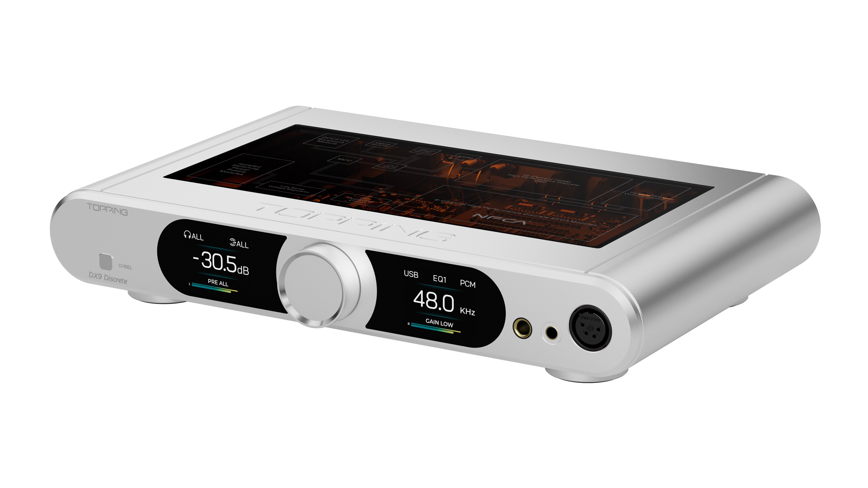 A Topping DX9 Discrete DAC on a white background.