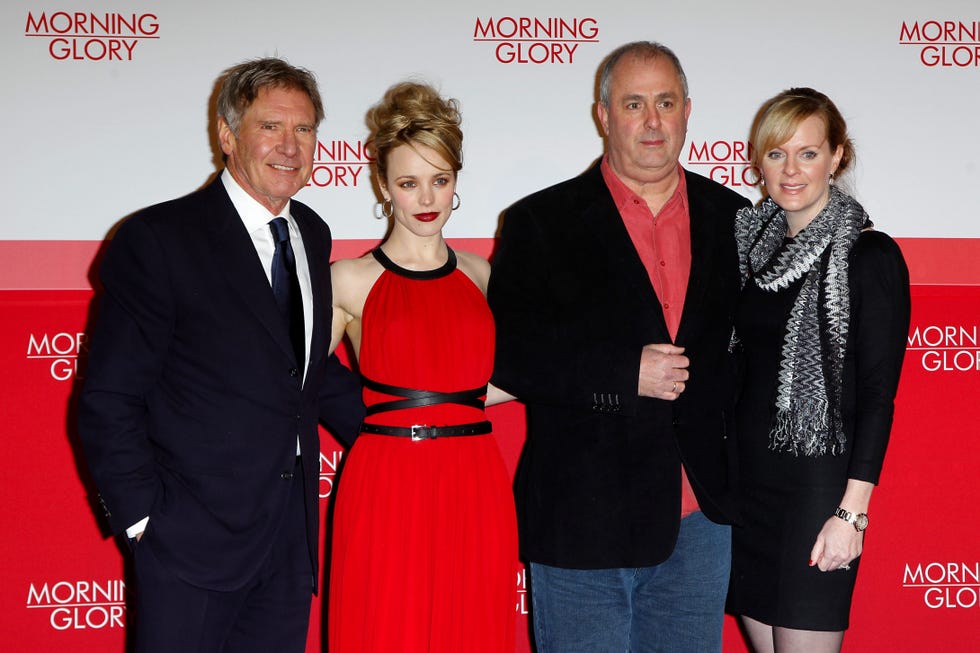 harrison ford, rachel mcadams, roger michell, anna maxwell martin pictured together in 2011 at the premiere of morning glory