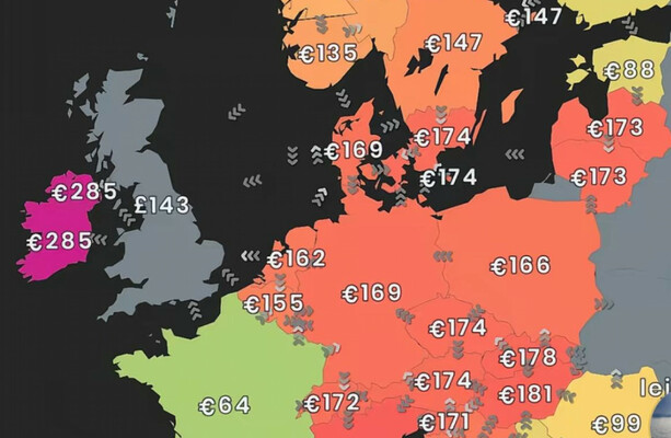 What does a price map tell us about energy costs in Ireland compared to Europe?