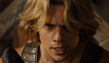 closeup of a young He-Man with a fiercely determined expression on his young face