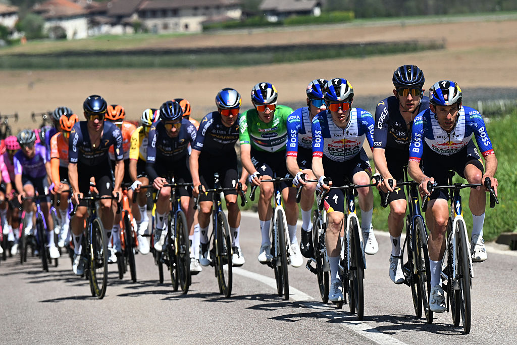 ARCO, ITALY - APRIL 22: (L-R) Giovanni Aleotti of Italy and Team Red Bull - BORA - hansgrohe, Mark Donovan of Great Britain and Team Pinarello Q36.5 Pro Cycling and Ben Zwiehoff of Germany and Team Red Bull - BORA - hansgrohe lead the peloton during the 48th Tour of the Alps 2026, Stage 3 a 174.5km stage from Latsch - Laces to Arco on April 22, 2026 in Arco, Italy. (Photo by Tim de Waele/Getty Images)