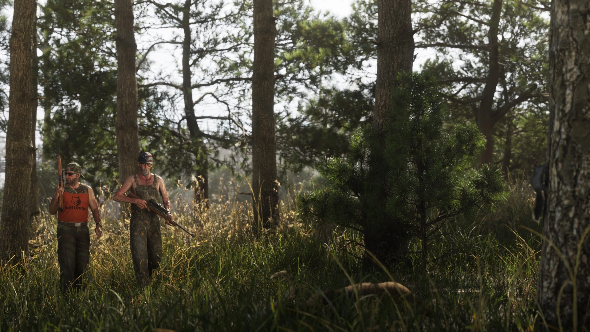 A pair of hunters approach a freshly-killed deer in Mount Kalaga national park in GTA 6.