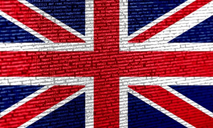Digital concept with the flag of the United Kingdom on a tech background. the United Kingdom in the context of cybersecurity, programming, and digital sovereignty. Symbolic image of site development