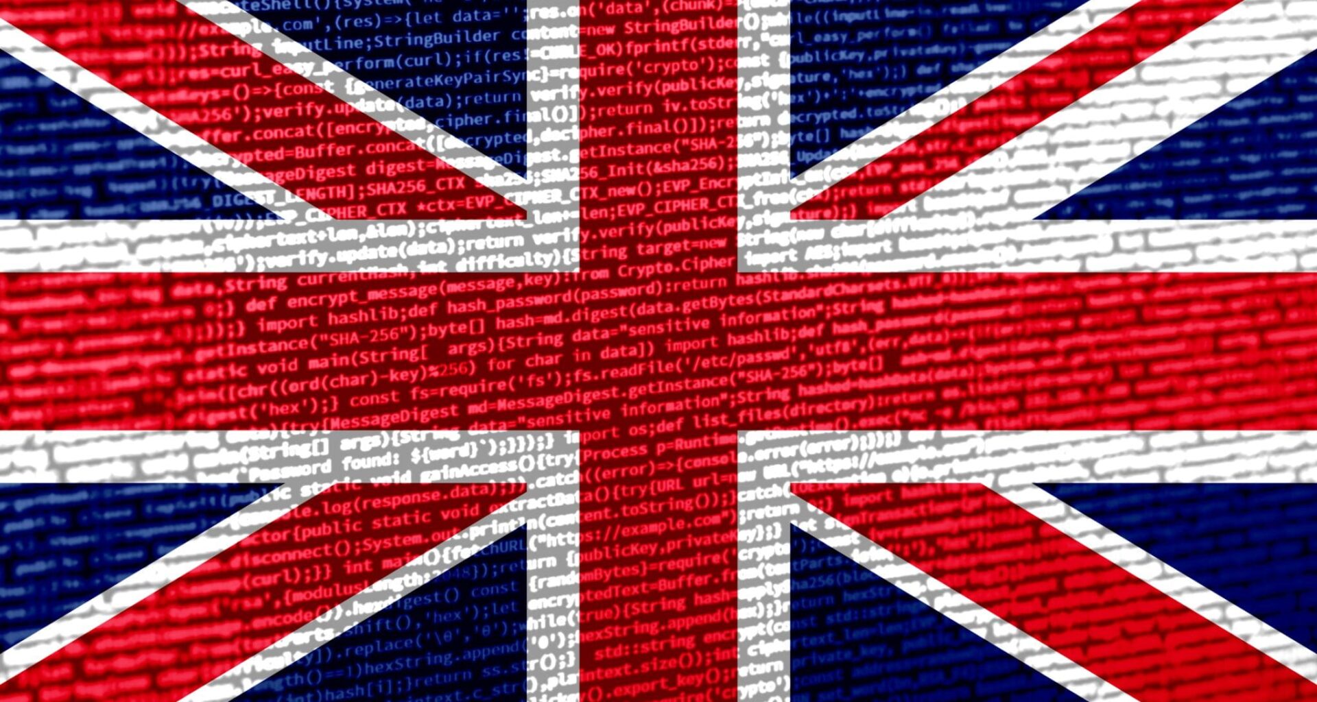 Digital concept with the flag of the United Kingdom on a tech background. the United Kingdom in the context of cybersecurity, programming, and digital sovereignty. Symbolic image of site development