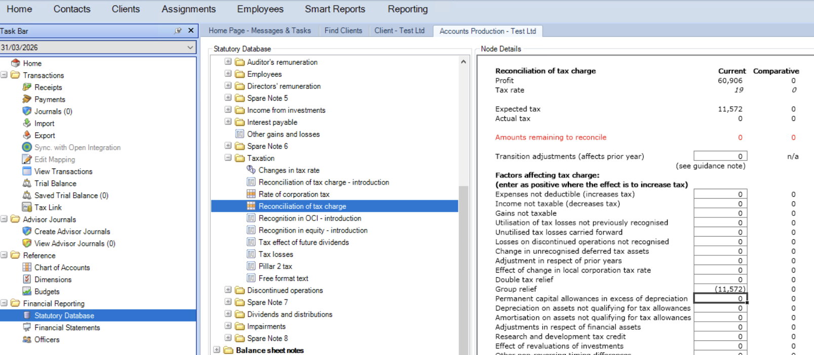 Screen showing group relief claim