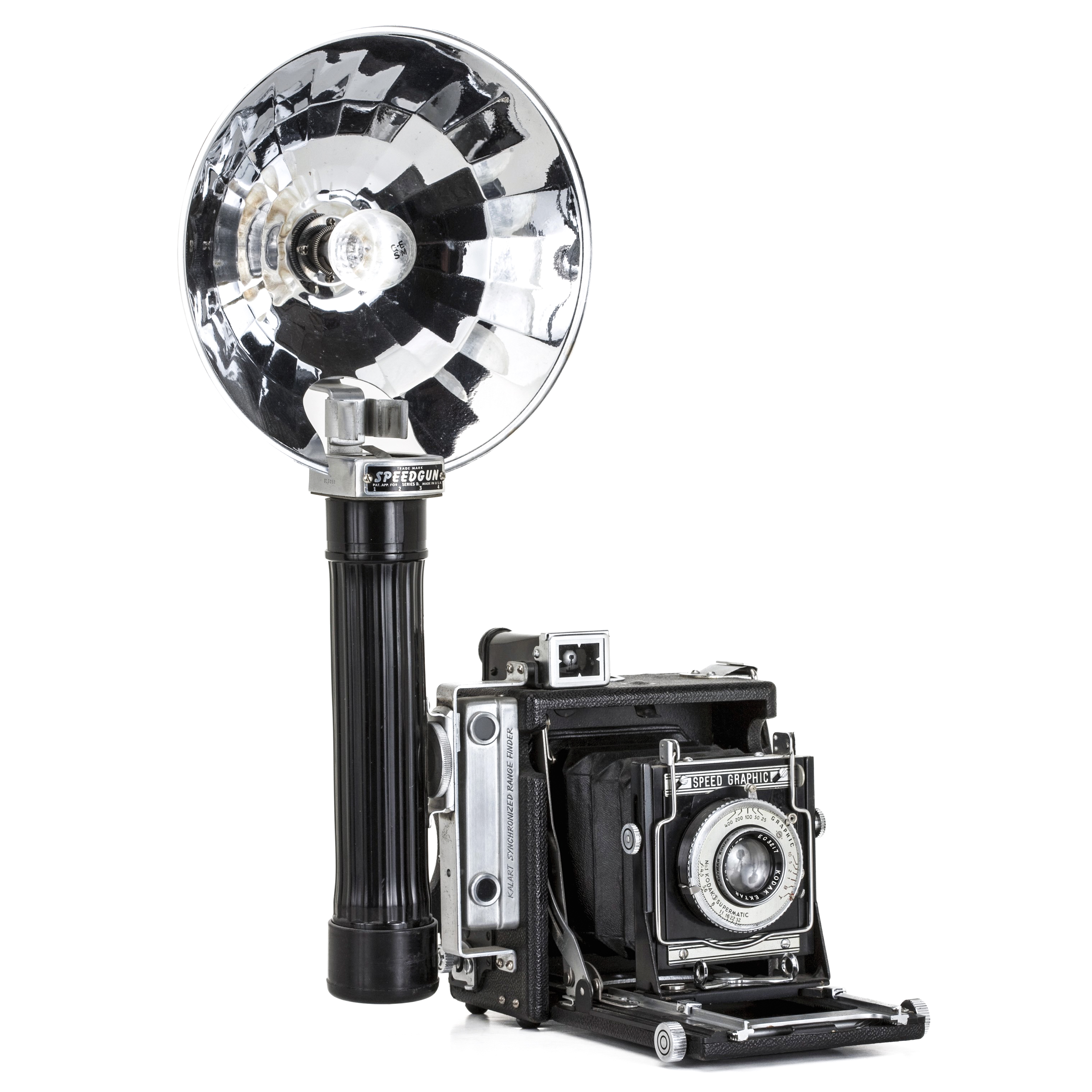 An American-made Speed Graphic 4x5 film press camera (circa 1941) with a Kodak Ektar 101mm f4.6 lens with on-camera "Speed Gun" flash is seen in this 2009 Healdsburg, California, studio photo. (Photo by George Rose/Getty Images)