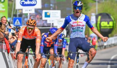 MARTELL, ITALY - APRIL 21: Giulio Pellizzari of Italy and Team Red Bull - BORA - hansgrohe celebrates at finish line as stage winner (R) ahead of Thymen Arensman of Netherlands and Team INEOS Grenadiers (L) during the 48th Tour of the Alps 2026, Stage 2 a 147.5km stage from Telfs to Martell - Val Martello 1153m on April 21, 2026 in Martell, Italy. (Photo by Tim de Waele/Getty Images)