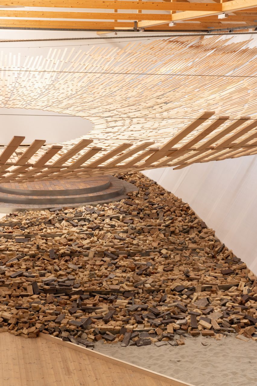 Bricks on wooden floor