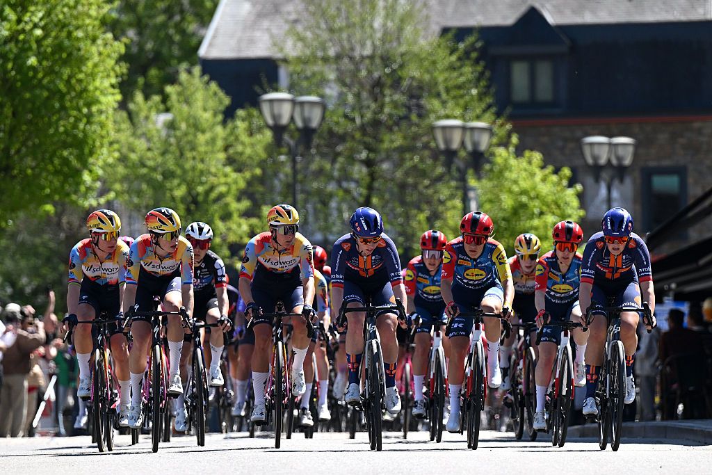The peloton during the 10th Liege - Bastogne - Liege Femmes 2026. (Photo by Luc Claessen/Getty Images)