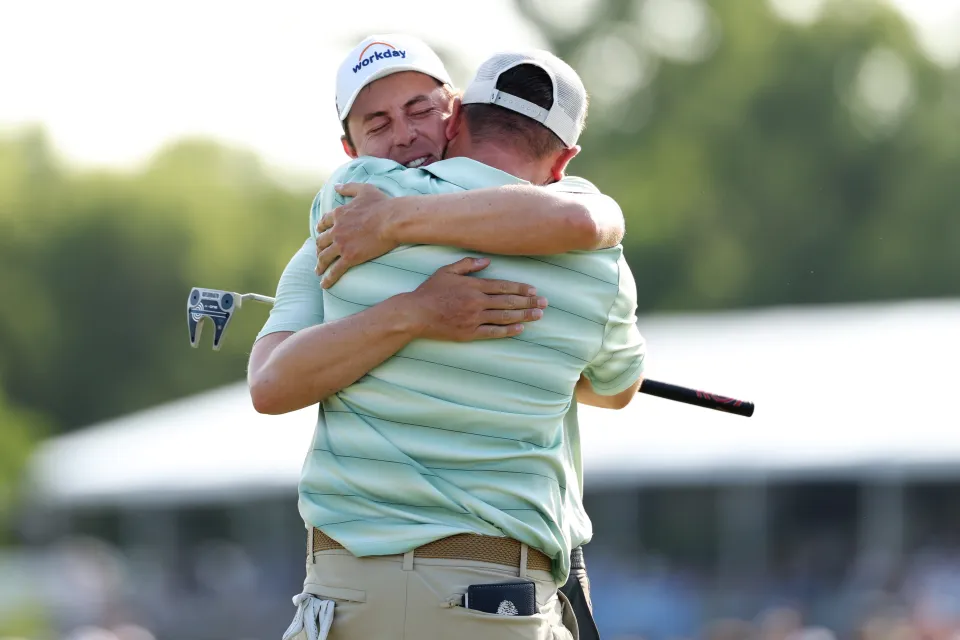 Matt and Alex Fitzpatrick celebrate their win at the Zurich Classic