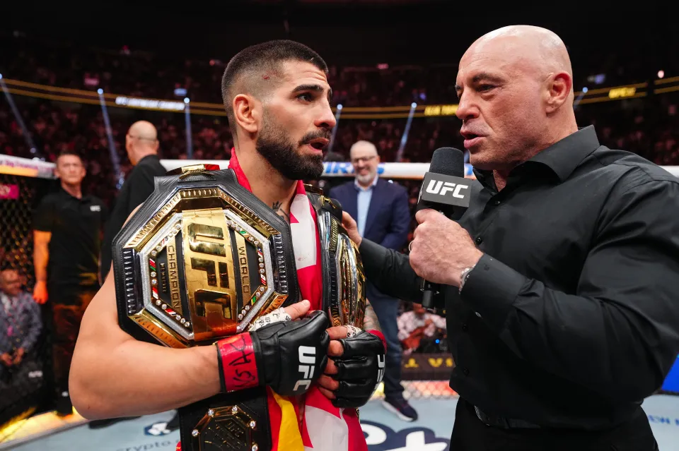 Ilia Topuria of Spain is interviewed by Joe Rogan in the UFC lightweight championship bout during the UFC 317 event at T-Mobile Arena on June 28, 2025 in Las Vegas, Nevada.