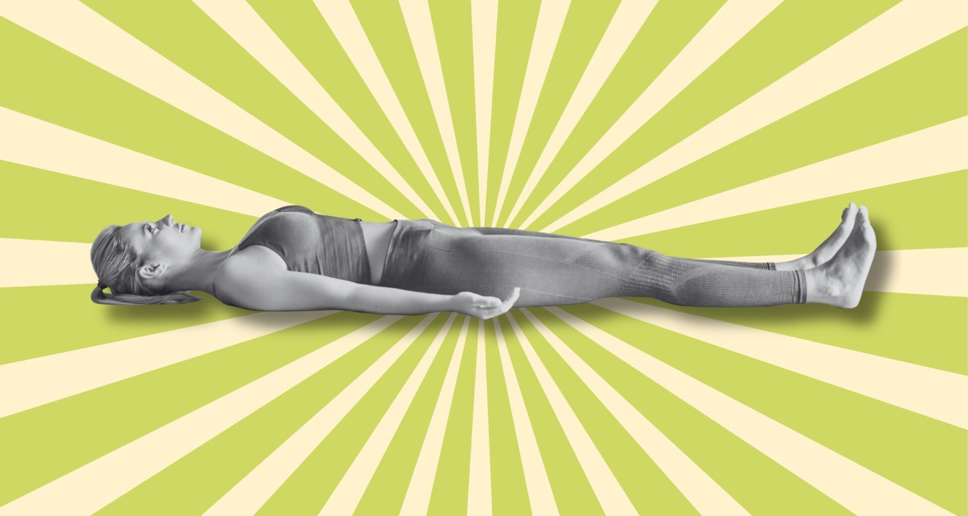 exercises to down while laying down; a woman laying on her back on a bright green background