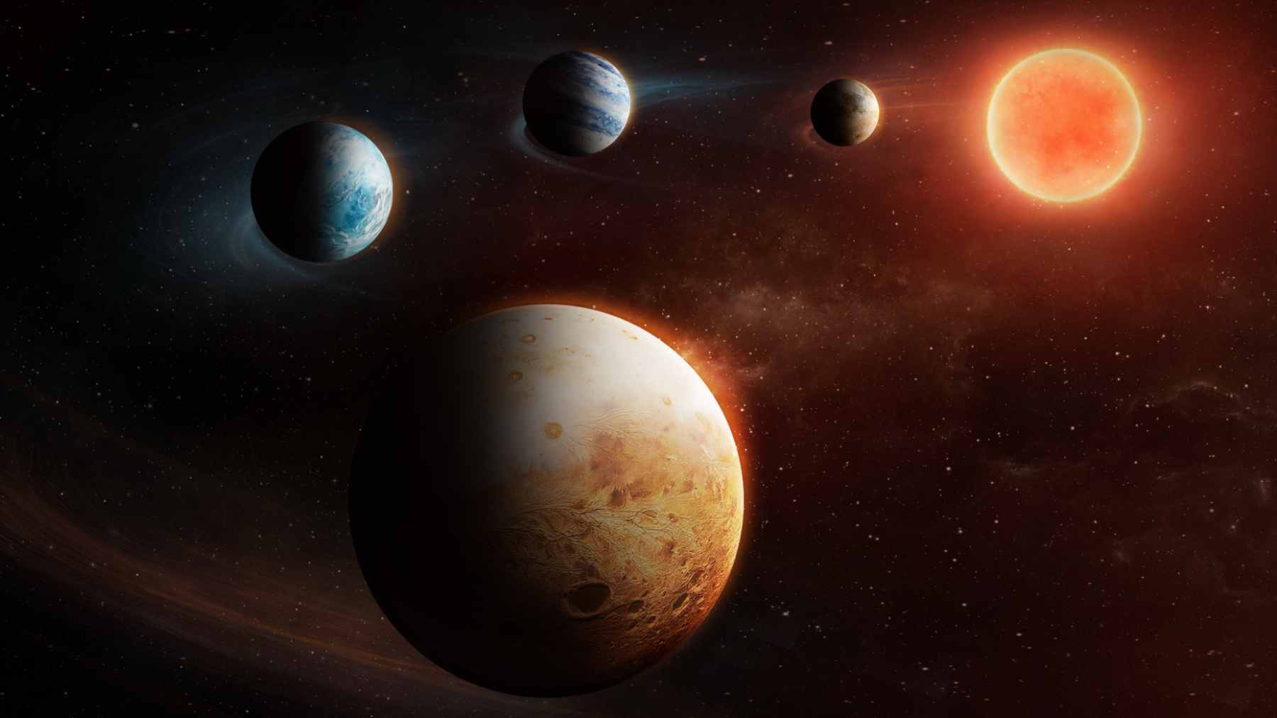 An artist's impression of the LHS 1903 system showing a small red dwarf star orbited by two large, blue gaseous planets and two smaller, brownish rocky worlds in an unusual order.