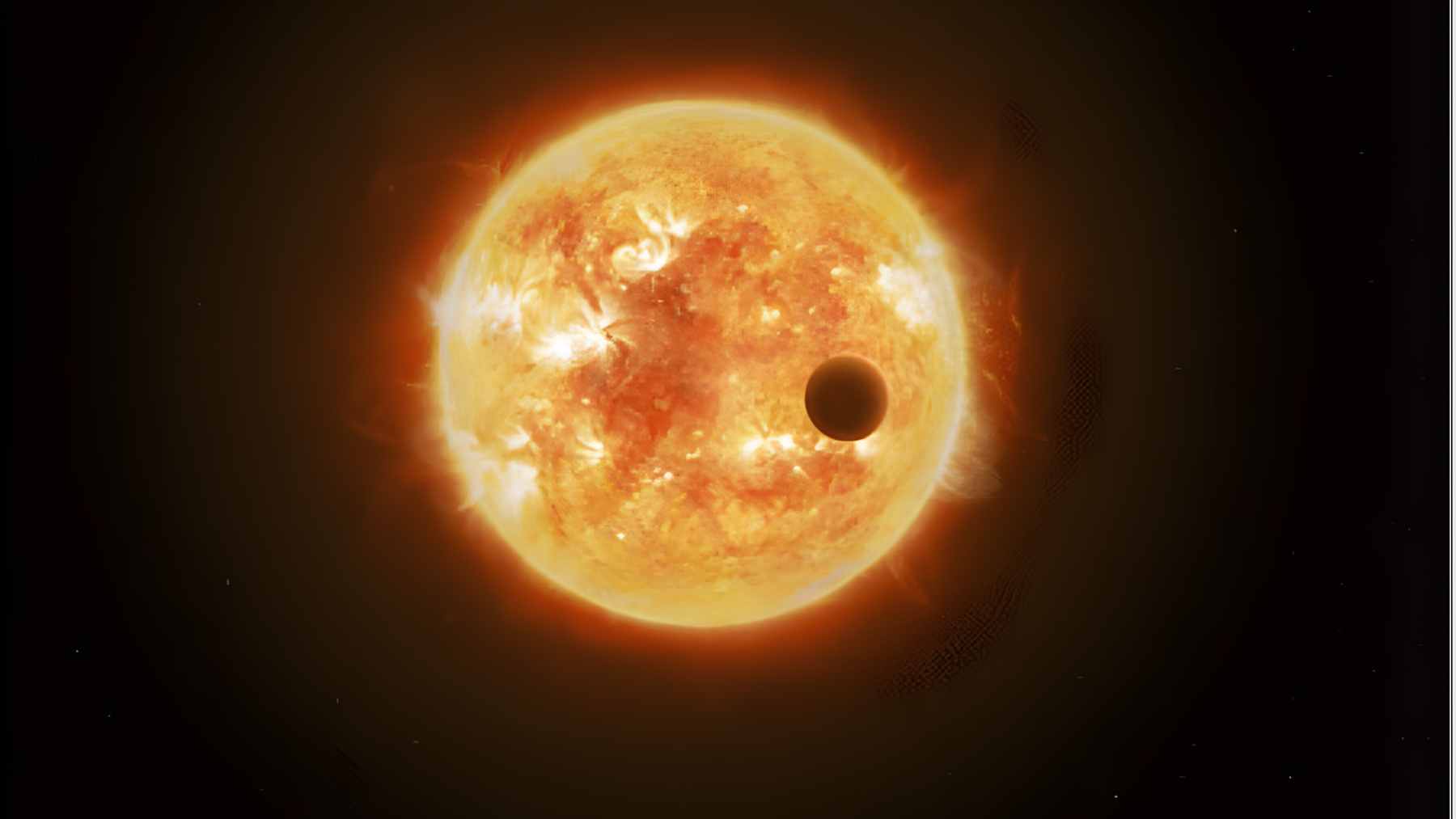 An artist's concept of the LHS 1903 planetary system showing a red dwarf star orbited by four planets in an unusual, non-sequential order of rocky and gaseous worlds.